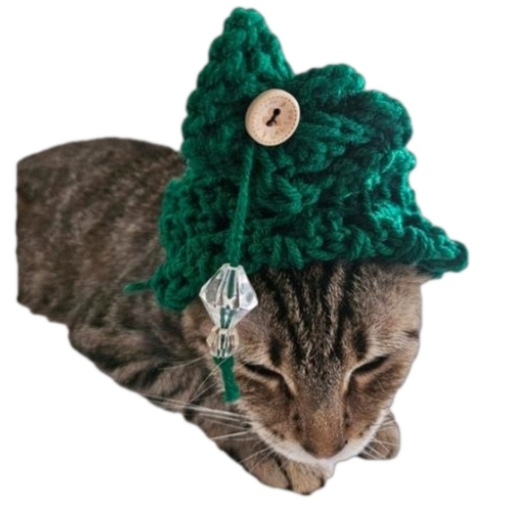 Handmade Christmas Tree Hat for Cats or Small Dogs Crochet Holiday Pet Costume - Picture 10 of 17